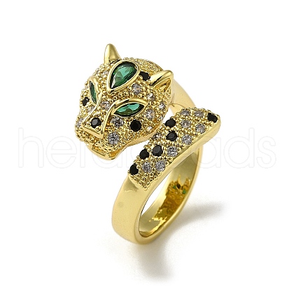 Rack Plating Brass Micro Pave Cubic Zirconia Leopard Finger Ring X-RJEW-A036-01G-1