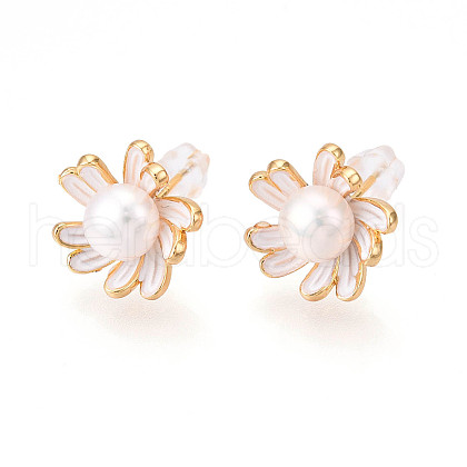 Flower Brass Natural Pearl Stud Earrings PEAR-N020-06X-1