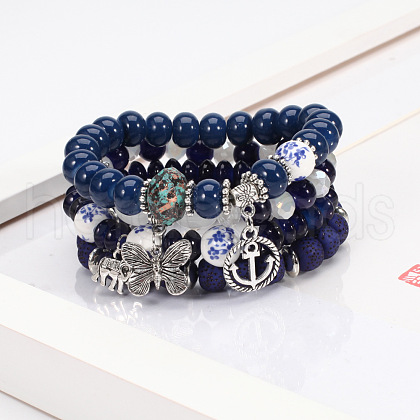 4Pcs Bohemian Style Alloy & Glass & Acrylic Charm Bracelets Set WG8E884-04-1