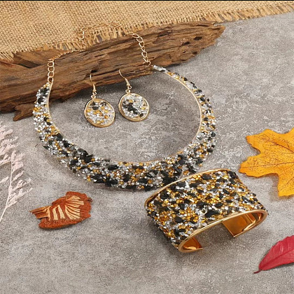 Flat Round Alloy Rhinestone & Resin Chip Choker & Cuff Bangle & Dangle Earring Sets FS-WG7609E-01-1