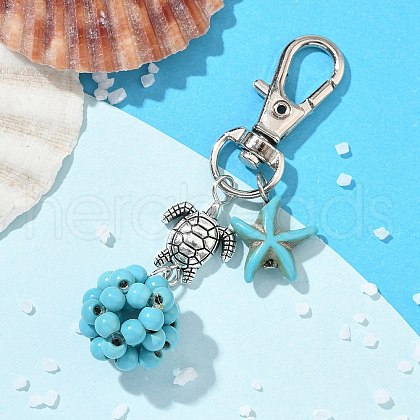 Starfish & Round Synthetic Turquoise Pendant Decorations HJEW-JM03276-01-1