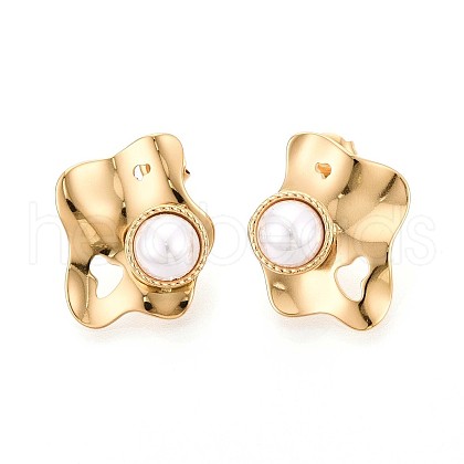 304 Stainless Steel ABS Plastic Imitation Pearl Nuggets Stud Earrings EJEW-N059-01G-1