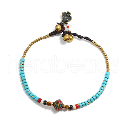 Alloy Rondelle & Dyed Synthetic Turquoise Heishi Braided Beaded Adjustable Anklets for Women FS-WG1CCC6-05-1