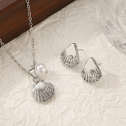 Shell Shape Alloy & Plastic Pearl & Crystal Rhinestone Pendant Necklace & Stud Dangle Earring FS-WG40A88-03-1