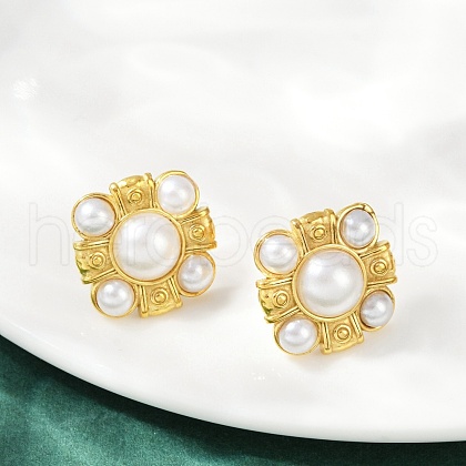 304 Stainless Steel Plastic Pearl Stud Earrings EJEW-U070-03A-G-1
