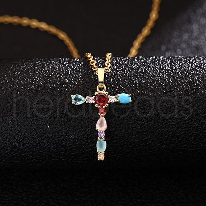 Brass Pave Colorful Cubic Zirconia Initial Pendant Necklaces for Women FS-WG659DF-20-1