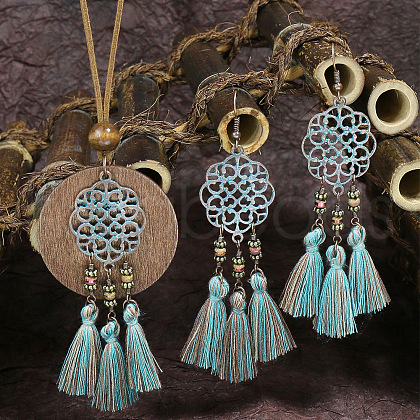 Alloy & Wood Tassel Pendant Necklace & Dangle Earring FS-WGEEC72-03-1