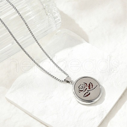 316 Surgical Stainless Steel Aromatherapy Diffuser Perfume Hollow Flat Round Pendant Box Chain Necklaces NJEW-R016-01P-02-1