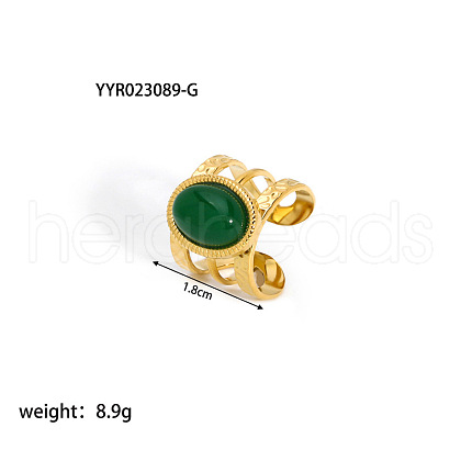 Vintage Adjustable Stainless Steel & Natural Green Stone 3 Line Oval Cuff Rings for Women JA1353-2-1