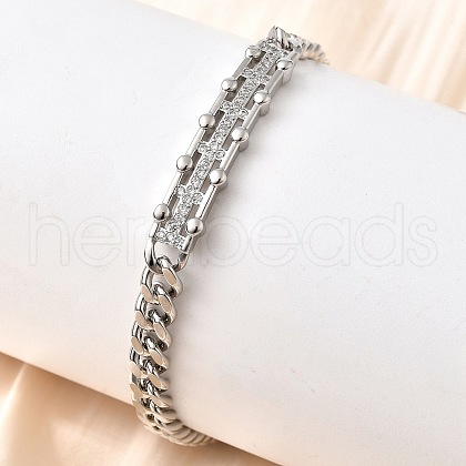 Brass Micro Pave Clear Cubic Zirconia Rectangle Link Bracelets BJEW-F498-01A-P-1