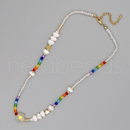 Christmas Theme Glass & Imitation Pearl & Brass Heart Beaded Necklaces GF3195-2-1