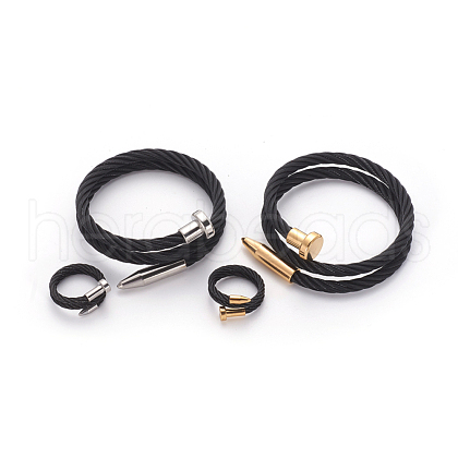 304 Stainless Steel Wrap Bangles and Finger Ring Jewelry Sets SJEW-L137-01-1