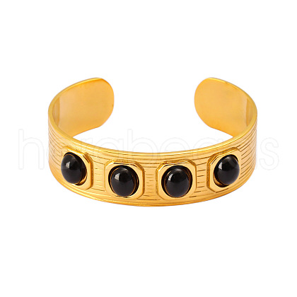 Rectangle 304 Stainless Steel with Natural Black Stone Cuff Bangles FS-WGC7C9F-04-1