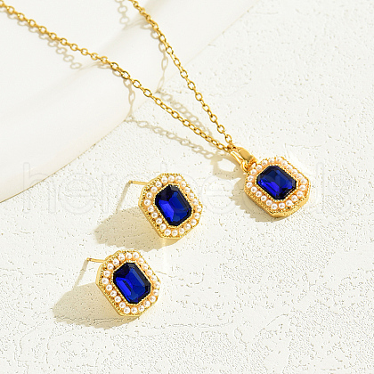 Blue Geometric Luxury Stainless Steel Cubic Zirconia Rectangle Stud Earrings & Pendant Necklace Set for Women FK6970-1