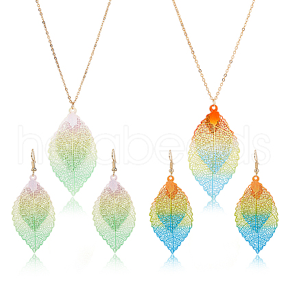 FIBLOOM 2 Sets 2 Colors Filigree Leaf Pendant Neclace & Dangle Earrings SJEW-FI0001-03-1