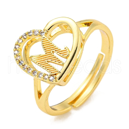 Heart with Letter Rack Plating Brass Micro Pave Cubic Zirconia Adjustable Rings for Women RJEW-I105-06G-M-1