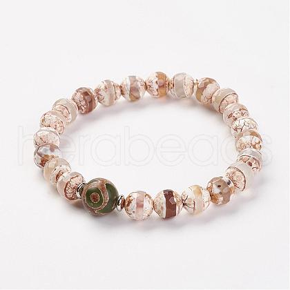 Natural Tibetan Style dZi Agate Bead Stretch Bracelets BJEW-JB03098-02-1