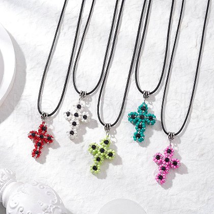 Glass Seed Beads & Synthetic Blue Goldstone Beaded Cross Pendant Necklaces NJEW-MZ00103-1