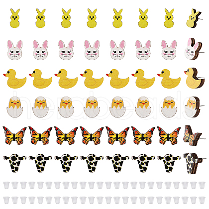 CHGCRAFT 48Pcs 6 Styles Duck & Butterfly & Cow & Rabbit & Chick Wood Stud Earrings EJEW-CA0001-10-1
