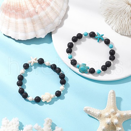 2Pcs Synthetic Turquoise and Natural Lava Rock Beads Stretch Bracelets for Men Women BJEW-JB11824-1