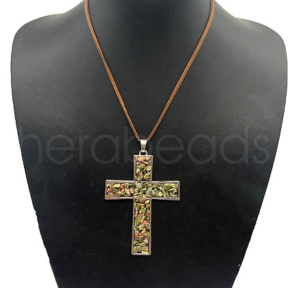 Eco-friendly Zinc Alloy & Natural Chip Unakite Handmade Cross Pendant Cord Necklaces for Women Men RL5831-2-1