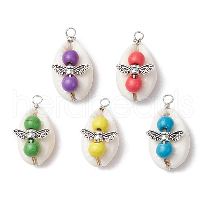 Natural Cowrie Shell & Round Dyed Synthetic Turquoise Angel Pendants PALLOY-JF03815-01-1
