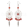 Natural Gemstone Woven Net with Feather Dangle Earrings EJEW-JE04967-4