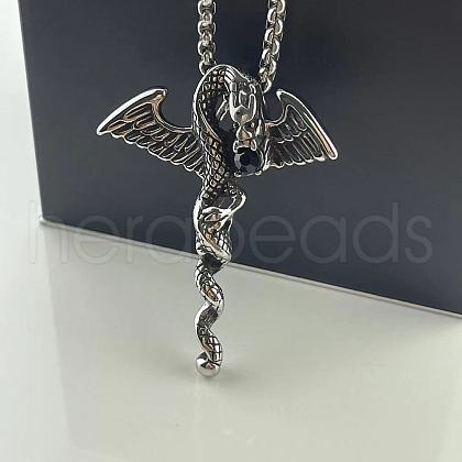 Vintage Stainless Steel Jet Rhinestone Winged Dragon Pendant Punk Hip-hop Necklaces for Men IL6060-1