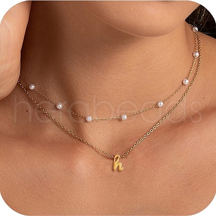 2Pcs 304 Stainless Steel & White Plastic Imitation Pearl Letter Pendant Double Layer Necklaces FS-WG86091-08-1