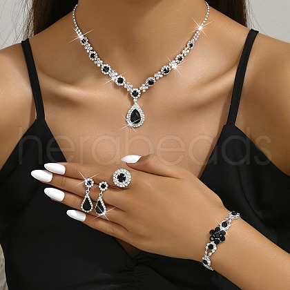 Teardrop Alloy Rhinestone Bracelets & Stud Earrings & Necklaces & Rings Set for Women SJEW-M102-02S-02-1