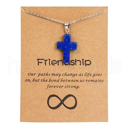 Synthetic Lapis Lazuli Cross Pendant Necklace with Stainless Steel Cable Chains PW23032789049-1