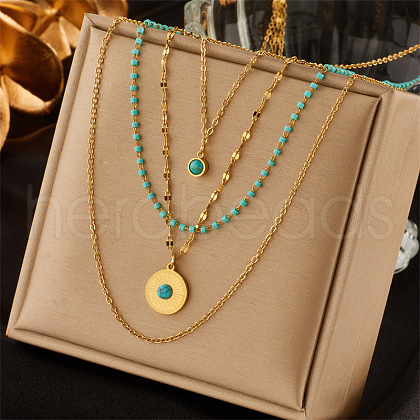 304 Stainless Steel & Synthetic Turquoise Pendant Multi Layered Necklaces for Women FS-WG34384-05-1