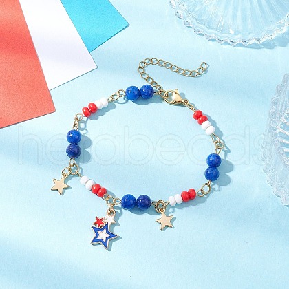 Independence Day Natural Dyed Yellow Jade Gemstone Round Beads & Glass Seed Beads Bracelets BJEW-MZ00180-02-1
