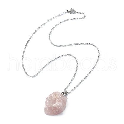 Natural Rose Quartz Nugget Pendant Necklace with 304 Stainless Steel Chains NJEW-JN04385-03-1