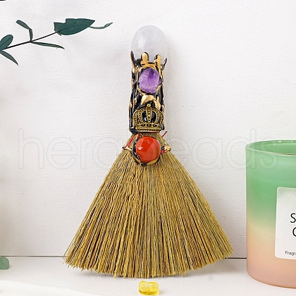 New Natural Quartz Crystal Rolling Stone Broom Hand Crystal Raw Stone Handmade Magic Broom Halloween Decoration Wholesale PW-WG45A77-01-1