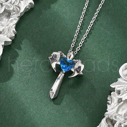 Brass Cubic Zirconia Wing Cross Pendant Necklaces for Women NJEW-C067-07P-02-1