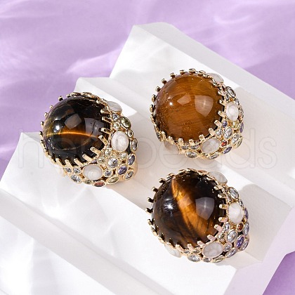 Half Round Natural Tiger Eye Cubic Zirconia Cuff Rings RJEW-M076-01G-03-1