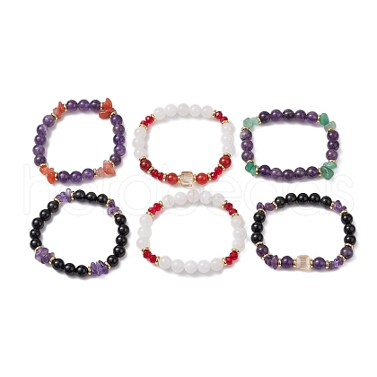 6Pcs Natural Mixed Gemstone Round & Chip Stretch Bracelets Sets for Women BJEW-JB101000-1