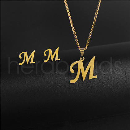 304 Stainless Steel Letter Pendant Necklaces & Stud Earrings Sets WG4BFDA-13-1
