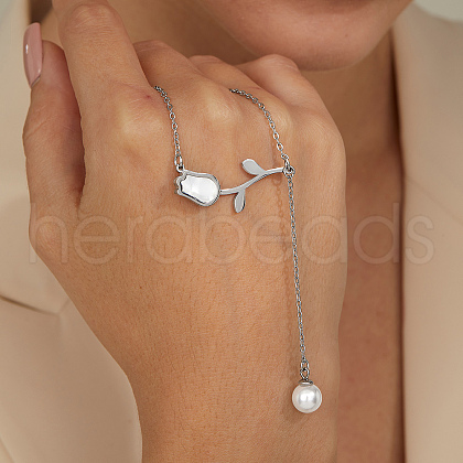 Elegant Stainless Steel Tulip Flower Link Chain Imitation Pearl Tassel Necklaces for Women's Daily Wear TI9112-2-1