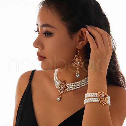 Teardrop Alloy & Glass Rhinestone Pendant Necklace & Stud Dangle Earring & Bracelet FS-WG89F11-01-1
