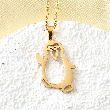 304 Stainless Steel Laser Cut Penguin Pendant Necklaces for Women Men NJEW-Q032-01D-G-1