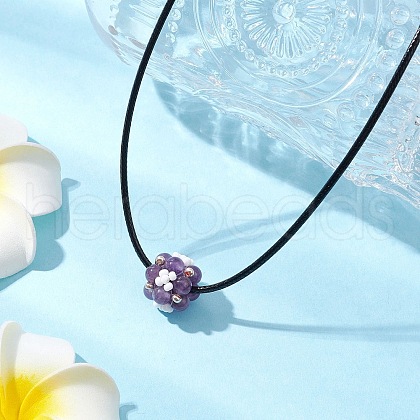 Natural Amethyst & Glass Seed Beads Cluster Flower Pendant Necklaces NJEW-MZ00095-02-1