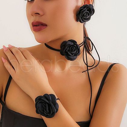Rose Faux Suede with Satin Fabric Pendant Choker Necklace & Stud Earring & Bracelet FS-WG3A334-02-1