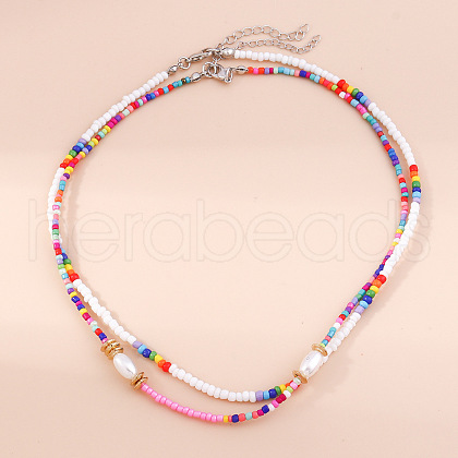 2Pcs Oval Glass Seed Beaded with Plastic Pearl Beaded Necklace Sets for Women FS-WGE85A7-03-1