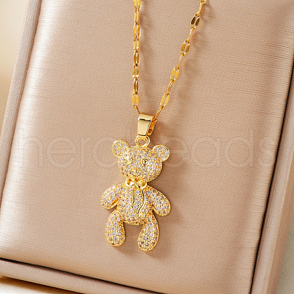 Elegant Brass Clear Cubic Zirconia Cartoon Bear Pendant Necklaces XF2925-1