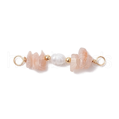 Natural Sunstone Chip & Natural Cultured Freshwater Pearl Rice Beaded Connector Charms PALLOY-JF03707-02-1
