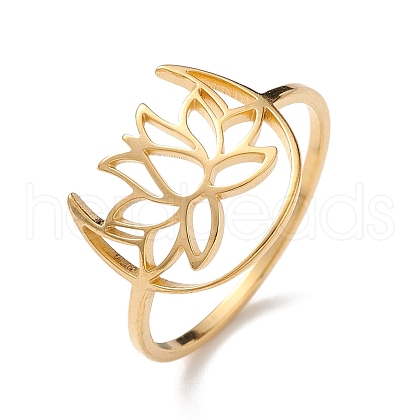 Hollow Out Lotus 304 Stainless Steel Finger Ring for Women RJEW-E073-06G-1