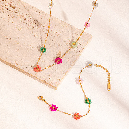 Flower Stainless Steel Glass Beaded Bracelets & Necklaces Sets for Women FN9236-1-1
