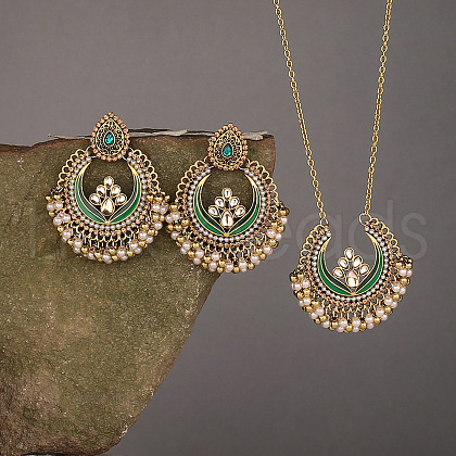 Teardrop & Ring Alloy & Plastic Pearl Enamel Pendant Necklace & Stud Dangle Earrings Sets FS-WG36BCF-03-1